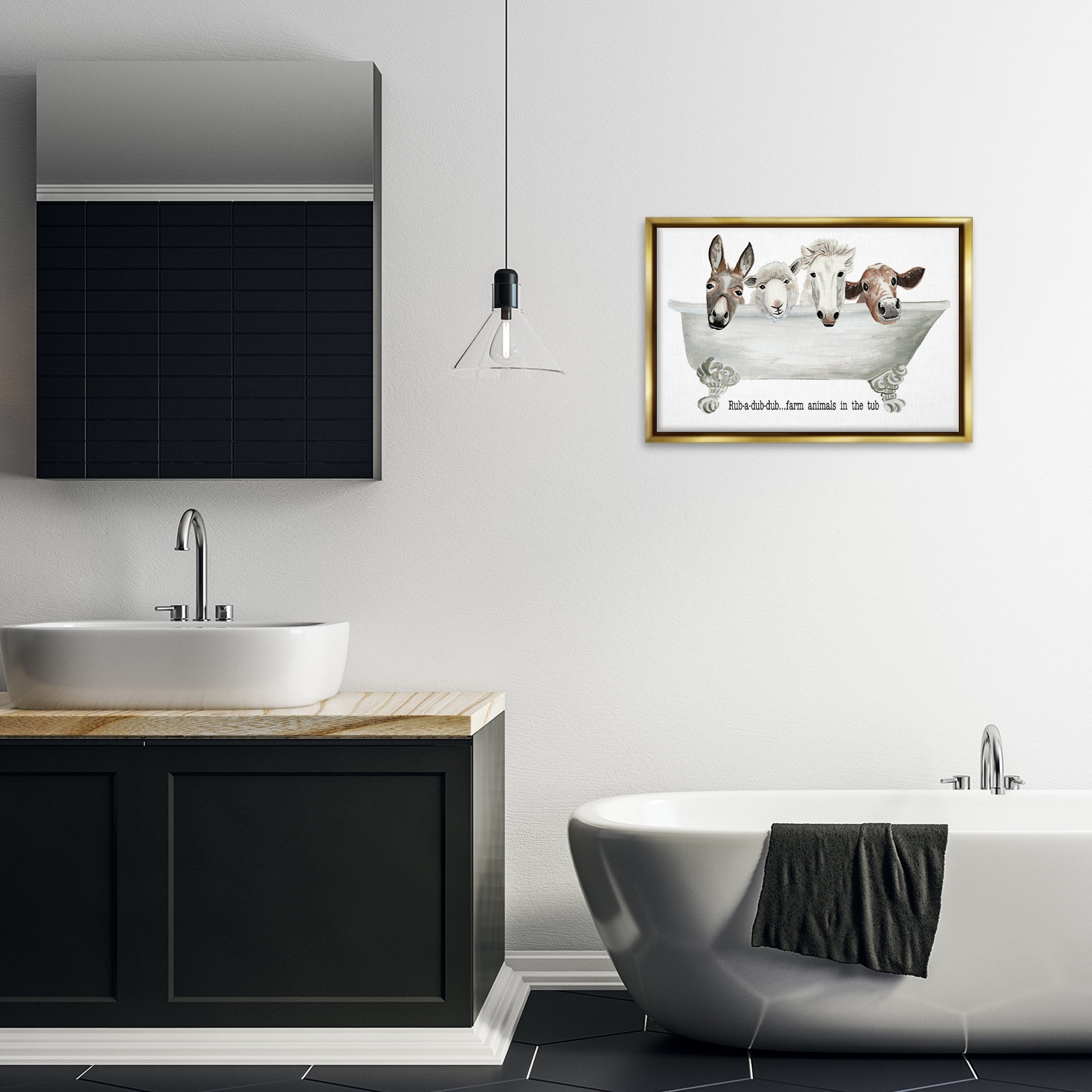Stupell Industries Farm Animals Tub Bath & Laundry Painting Gold Floater Framed Canvas Art Print Wall Art, 25 x 17