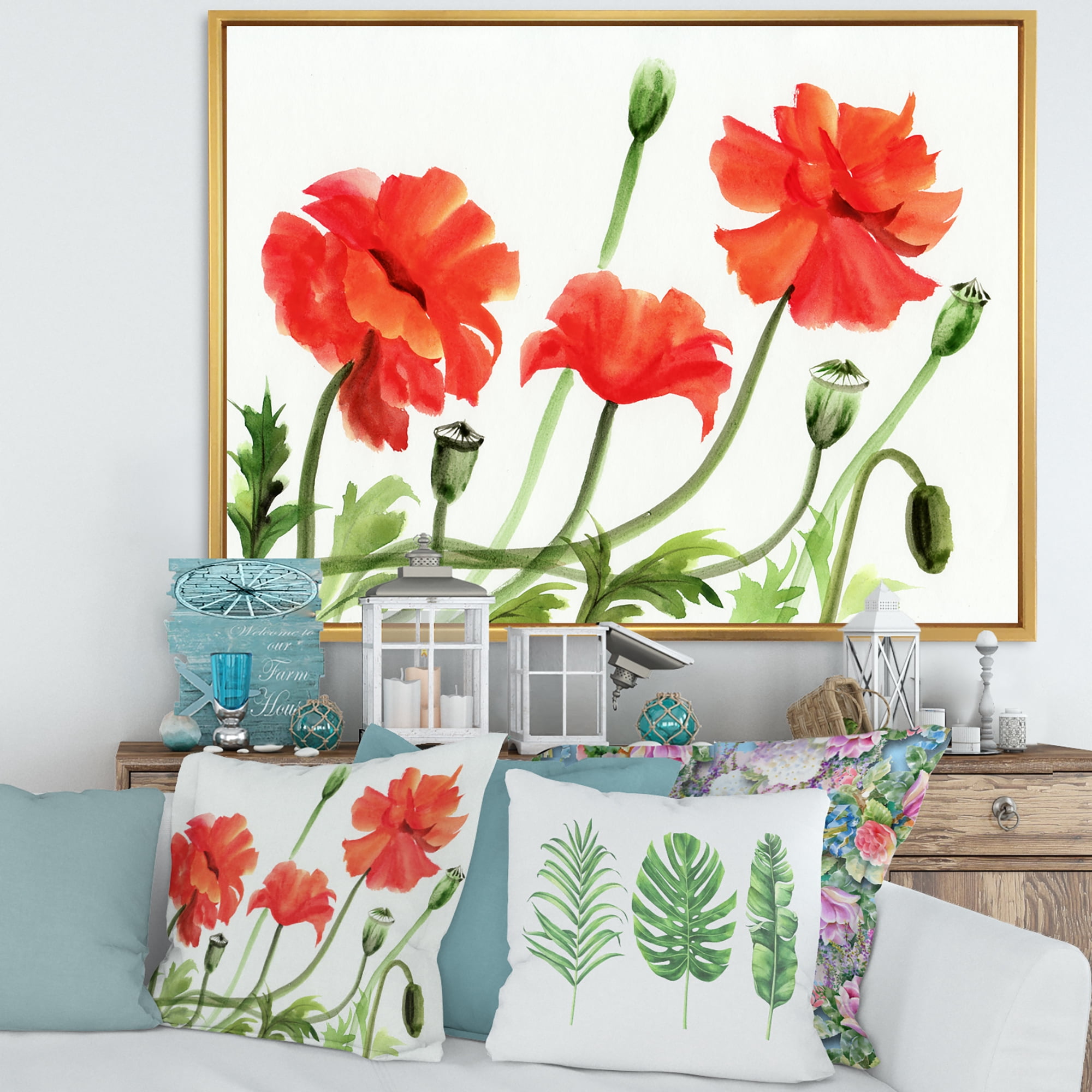 Designart 'Ancient Red Poppies III' Traditional Framed Canvas Wall Art Print