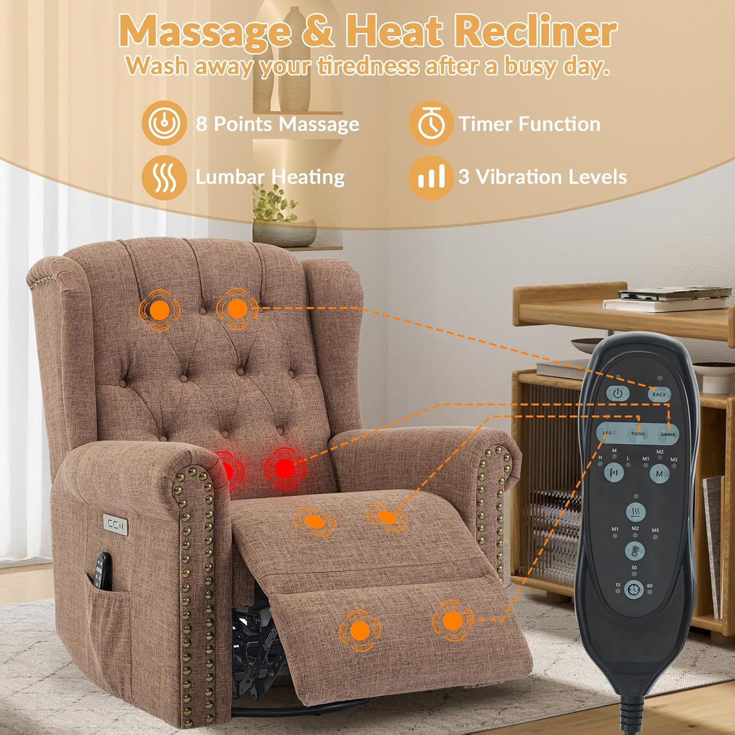 Power Swivel Rocking Glider Recliner Chair, Electric Nursery Reclining Sofa Chair with Heat and Massage, Wingback Tufted Upholstered Recliner for Living Room, USB and Type-C Ports, Brown