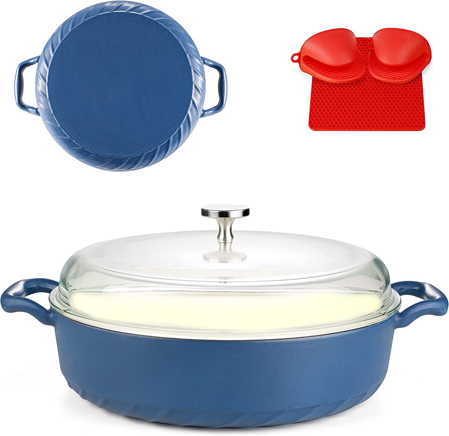 Enameled Cast Iron Casserole Braiser Pan, Cast Iron Casserole Dish with