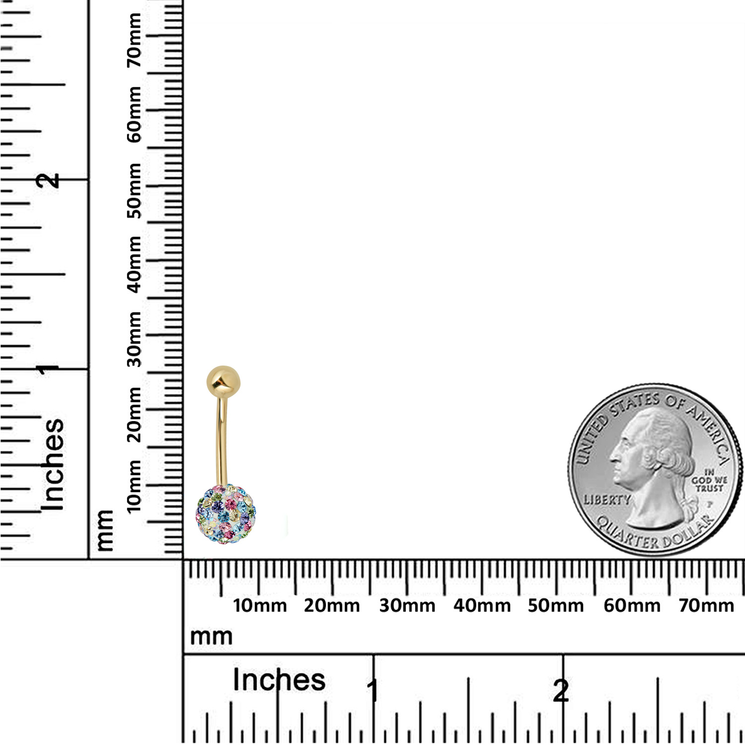 AVORA 10K Yellow Gold Multi-color  Crystal Ball Belly Button Ring Body Jewelry (14 Gauge)
