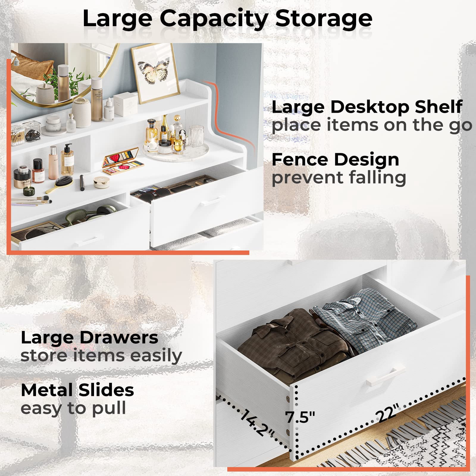 6 Drawers Double Dresser with Shelves for Bedroom, Modern Chest of Drawers Storage Tower Organizer for Living Room Entryway, White