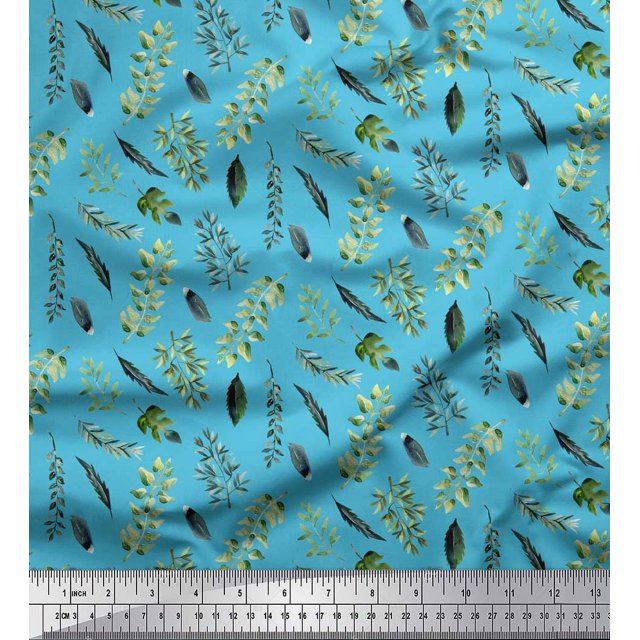Soimoi Blue polyester Crepe Fabric Curry & Leaves Print Fabric by Yard 52 Inch Wide