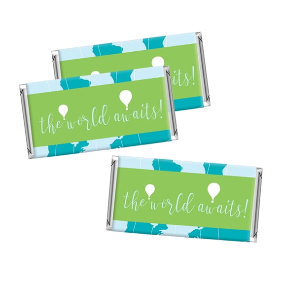 Hot Air Balloon Adventure World Map Party, Blue Green, Hershey Bar Labels, 10-pack