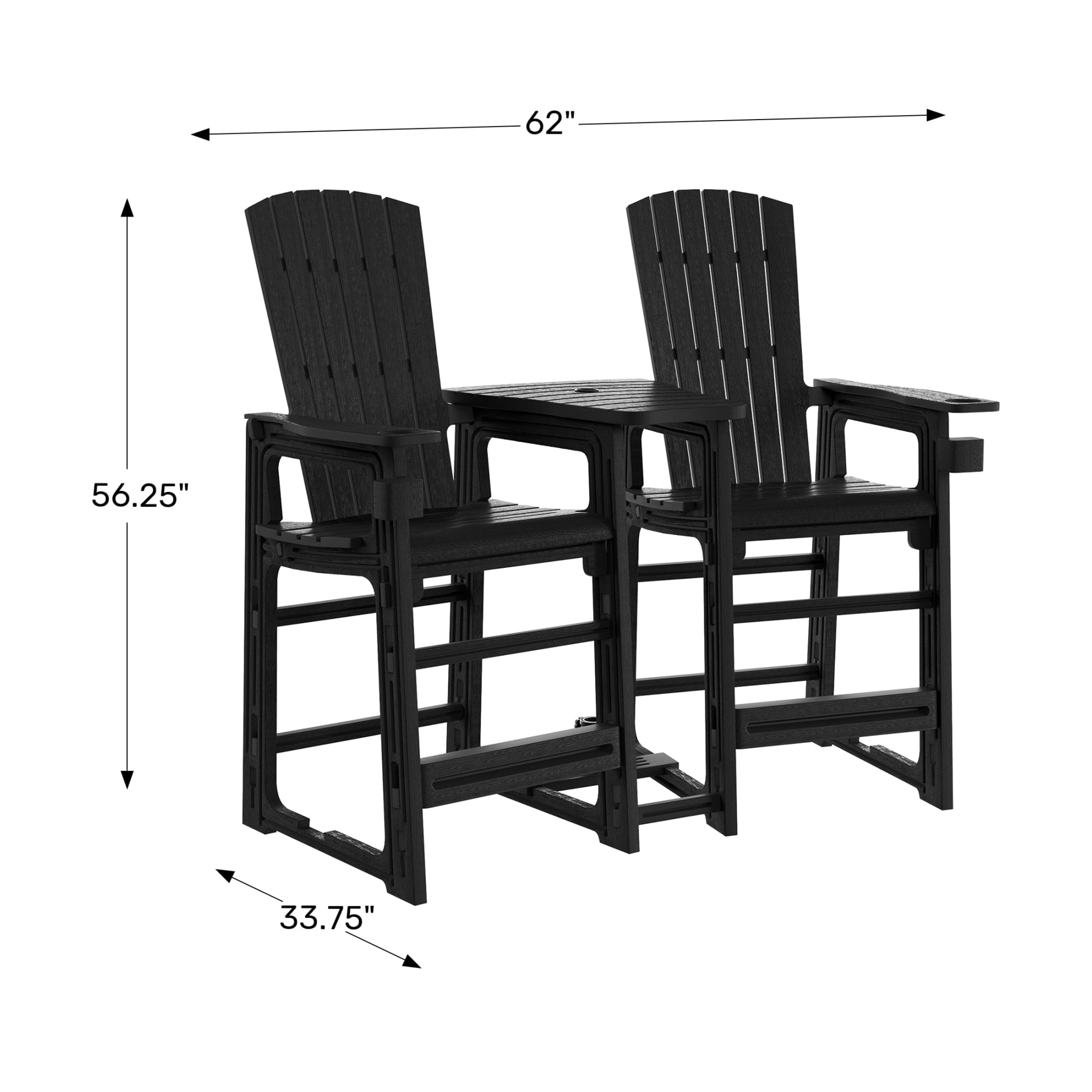 WestinTrends Azura Outdoor Tall Adirondack Chairs With Connecting Table Tray (Set of 2), Black