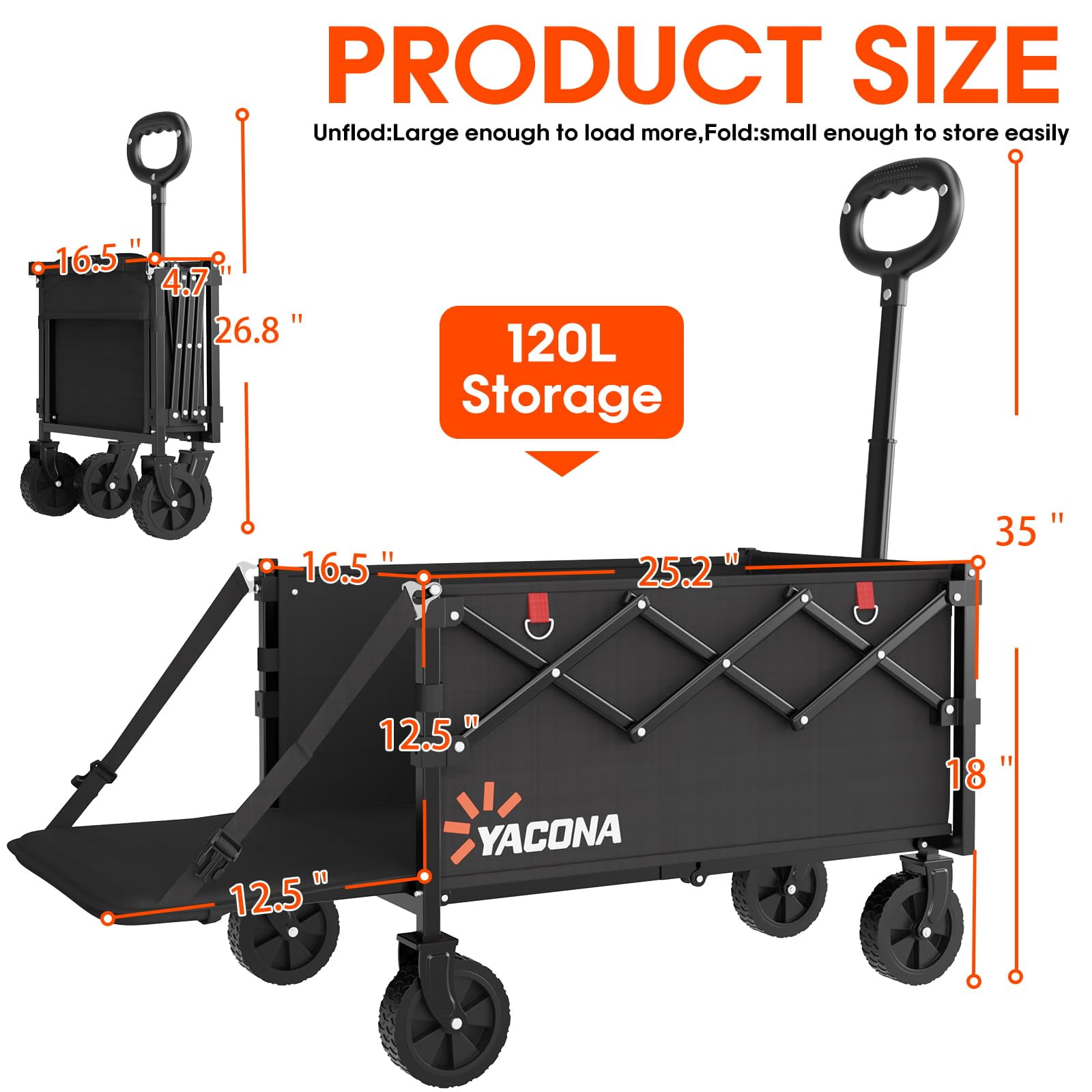 360lbs Wagons Carts Foldable with Tailgate, Heavy Duty Extra Long Beach Wagon, Adjustable Outdoor Collapsible Grocery Cart on Wheels, for Groceries, Sports, Garden, Beach, Shopping, Laundry, Black
