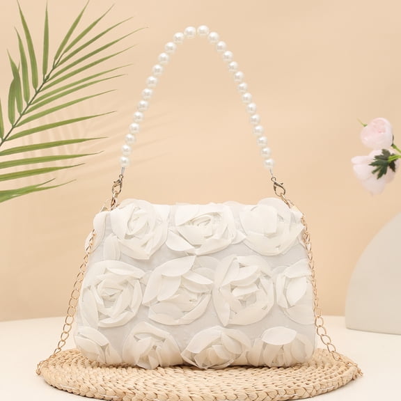 Clutch Purse For Women Elegant Evening Bags 3D Floral Satin Small Purse With Pearl Beaded Top Handle Detachable Strap