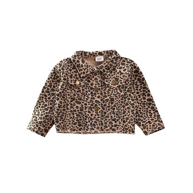 Xingqing Toddler Kid Girls Button Open Front Khaki Long Sleeve Leopard Print Lapel Coat