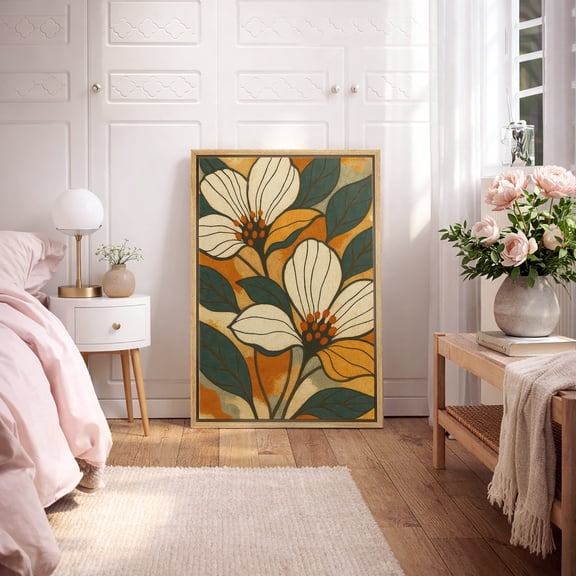 Framed Canvas Print Abstract Flower Wall Art Boho Botanical Decorative for Living Room Bedroom - 16"x24" NATURAL