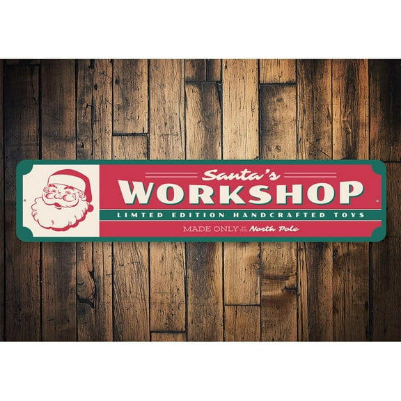 Santa's Workshop Handcrafted Toys Holiday Novelty Decor, Metal Wall Sign - 4x18 Inches