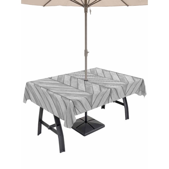 Outdoor Tablecloth with Umbrella Hole for Patio/Picnic/Party/Camping, Gray Wood Grain Waterproof Table Cloth Rectangle Table Cover Washable, Retro Minimalist Geometric Art (52"x 70")