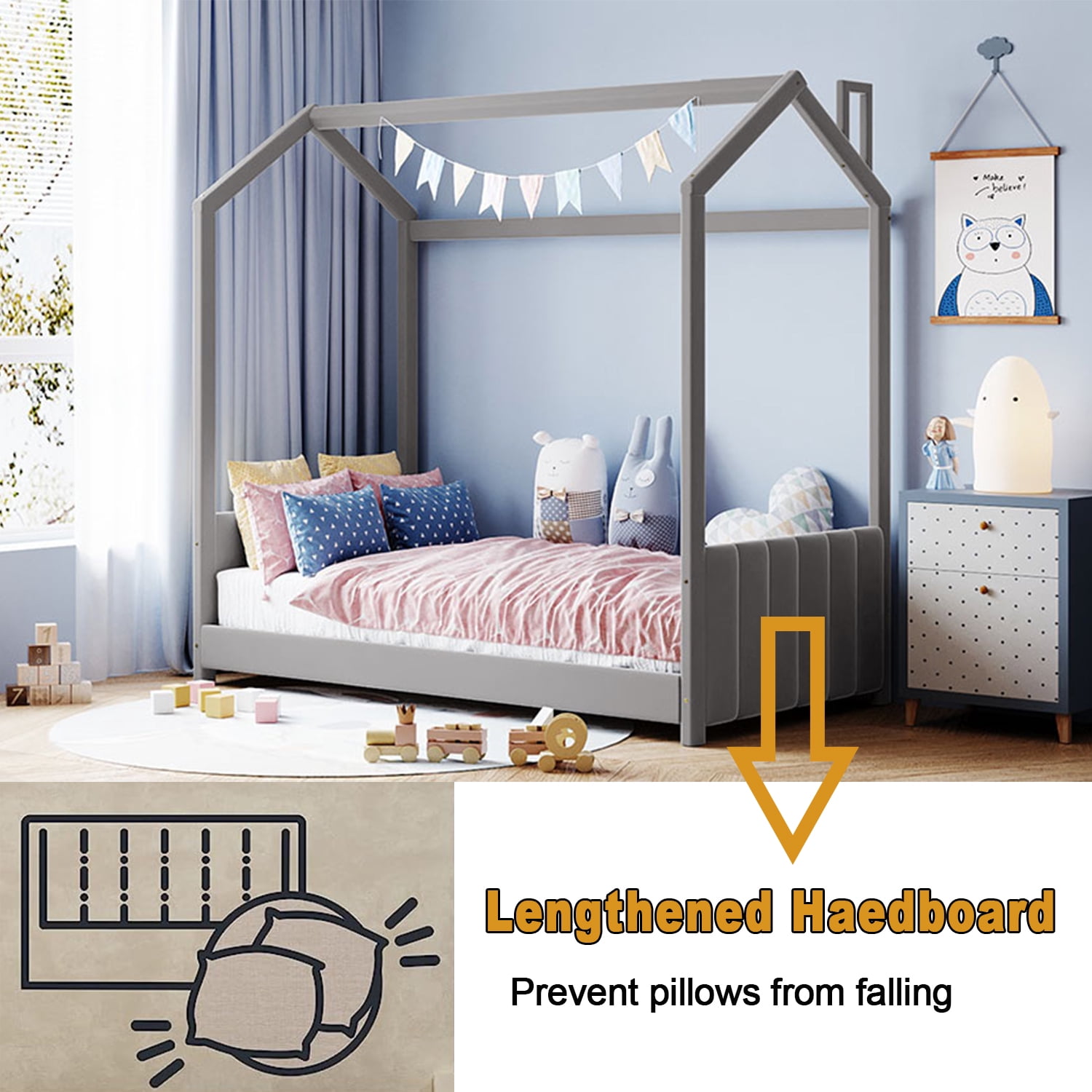 Bellemave Twin Size House Bed, Velvet Montessori Floor Bed with Headboard & Footboard, Twin Bed Frame for Girls Boys（Twin, Grey)