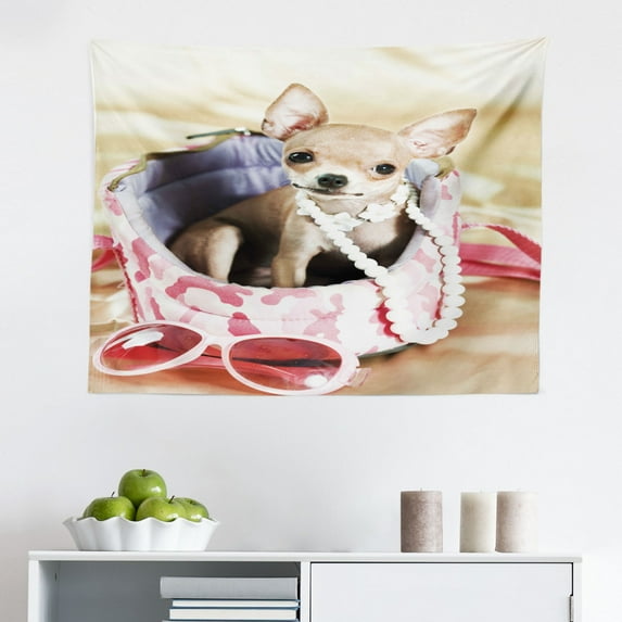 Chihuahua Tapestry, Funny Photo of Sitting Tiny Puppy Wearing Summer Clothes and Sunglasses Print, Fabric Wall Hanging Decor for Bedroom Living Room Dorm, 2 Sizes, Multicolor, by Ambesonne