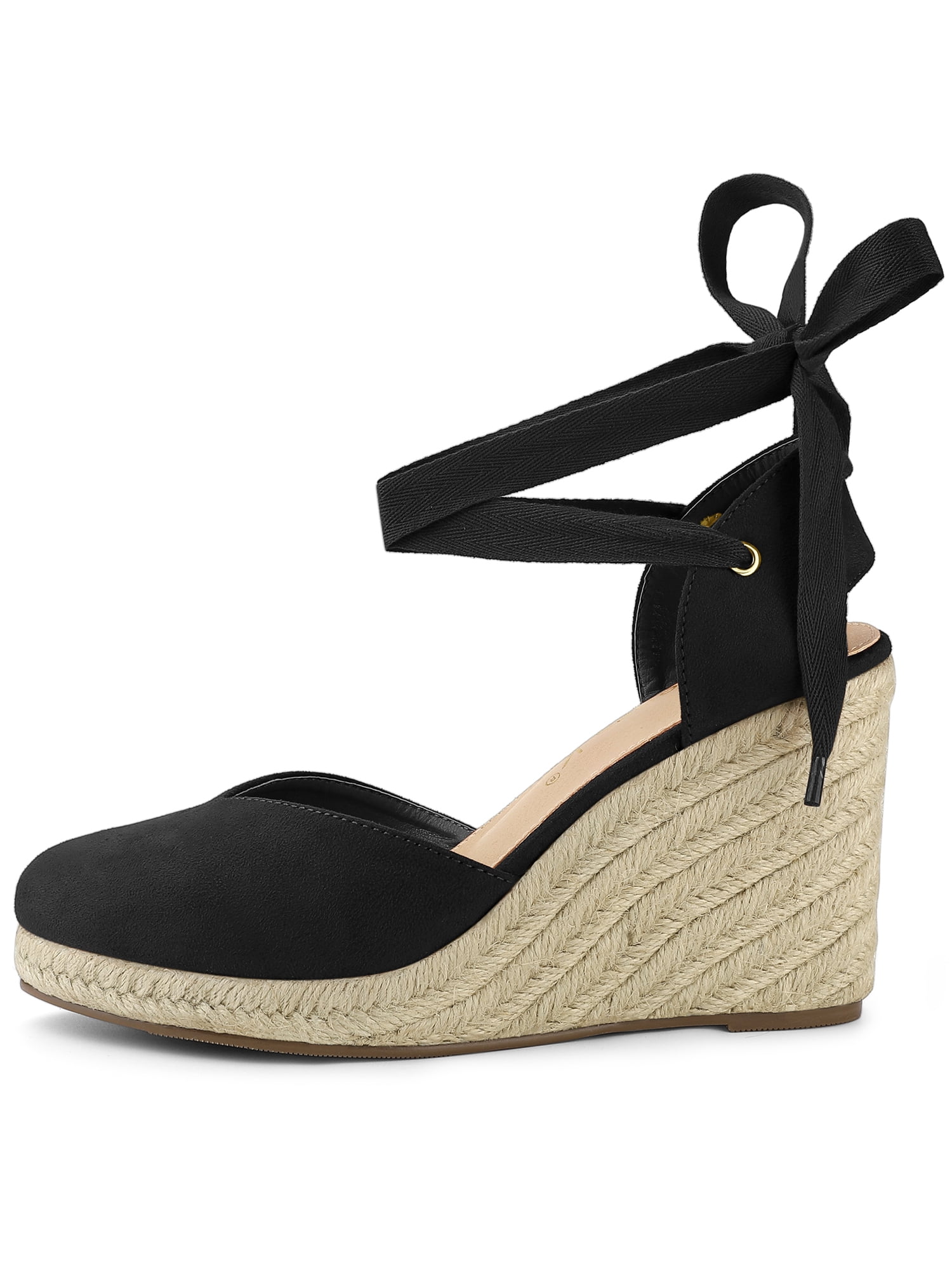 Unique Bargains Women's Espadrille Lace up Wedge Heel Sandals Black (Size 8.5)