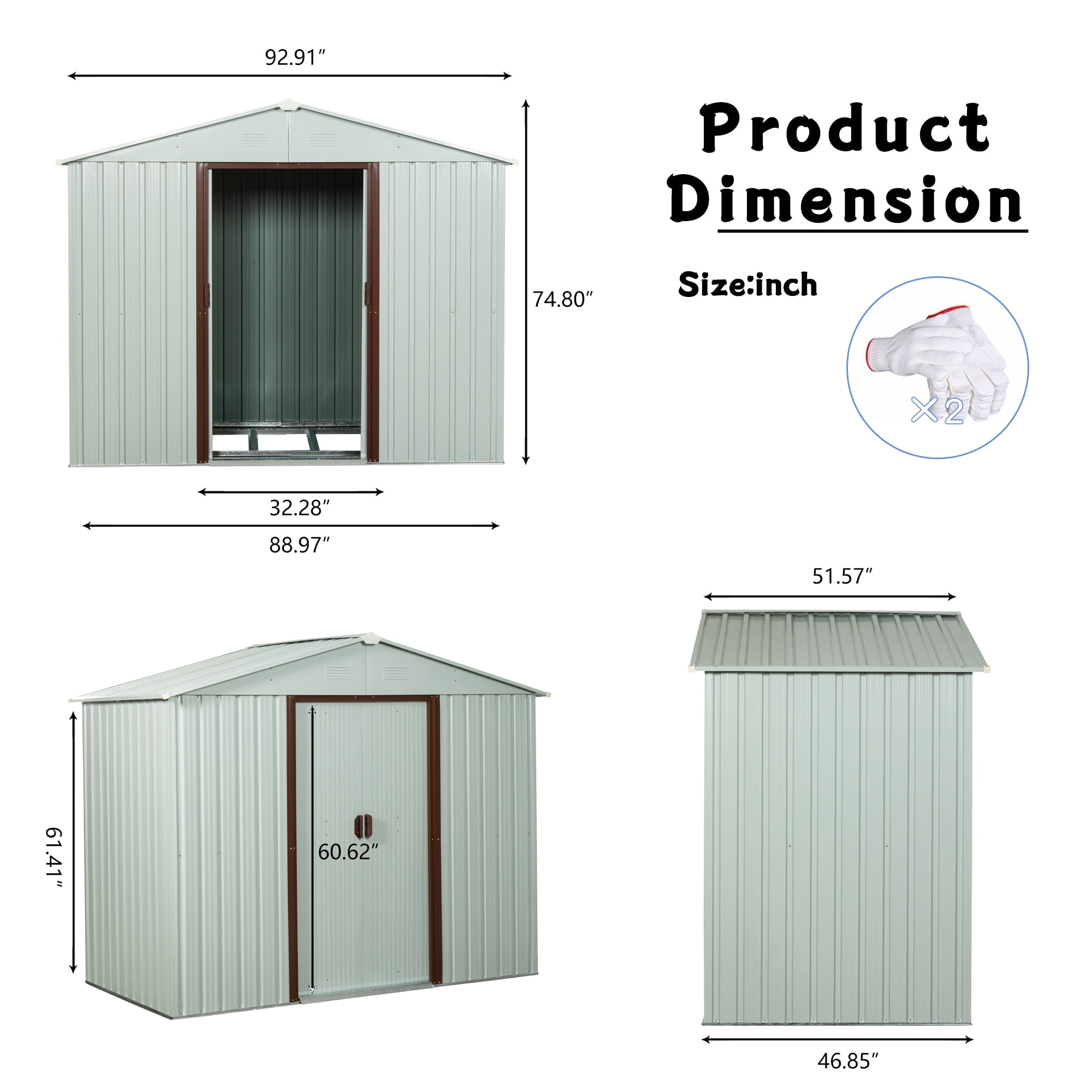 Seizeen 8' x 4' Outdoor Metal Storage Shed, Garden Tools Shed with Pad-lockable Sliding Doors, Patio Storage Shed for Gardening Tools, Trash Can, Lawn Mower, Bike, White