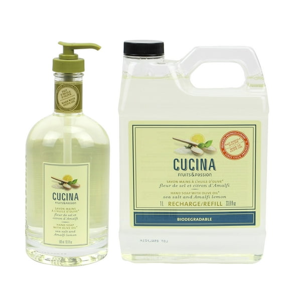 Fruits & Passion Cucina Sea Salt and Amalfi Lemon Hand Soap Bundle (16.9 Ounces + 33.3 Ounces)
