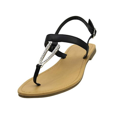

Black Thong Womens Sandals With Rhinestone Buckle Size 7