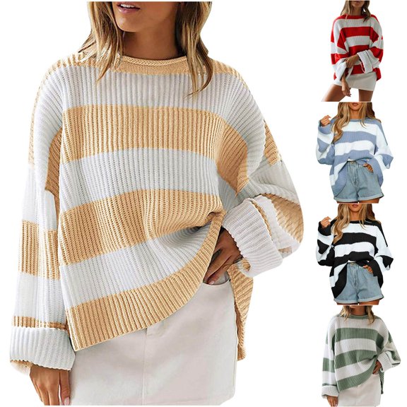 THNCYX Fall Women's Sweater Striped Knitted Pullover Crew Neck Winter Sweaters Long Sleeve Color Block Jumper Oversized Cute Tops