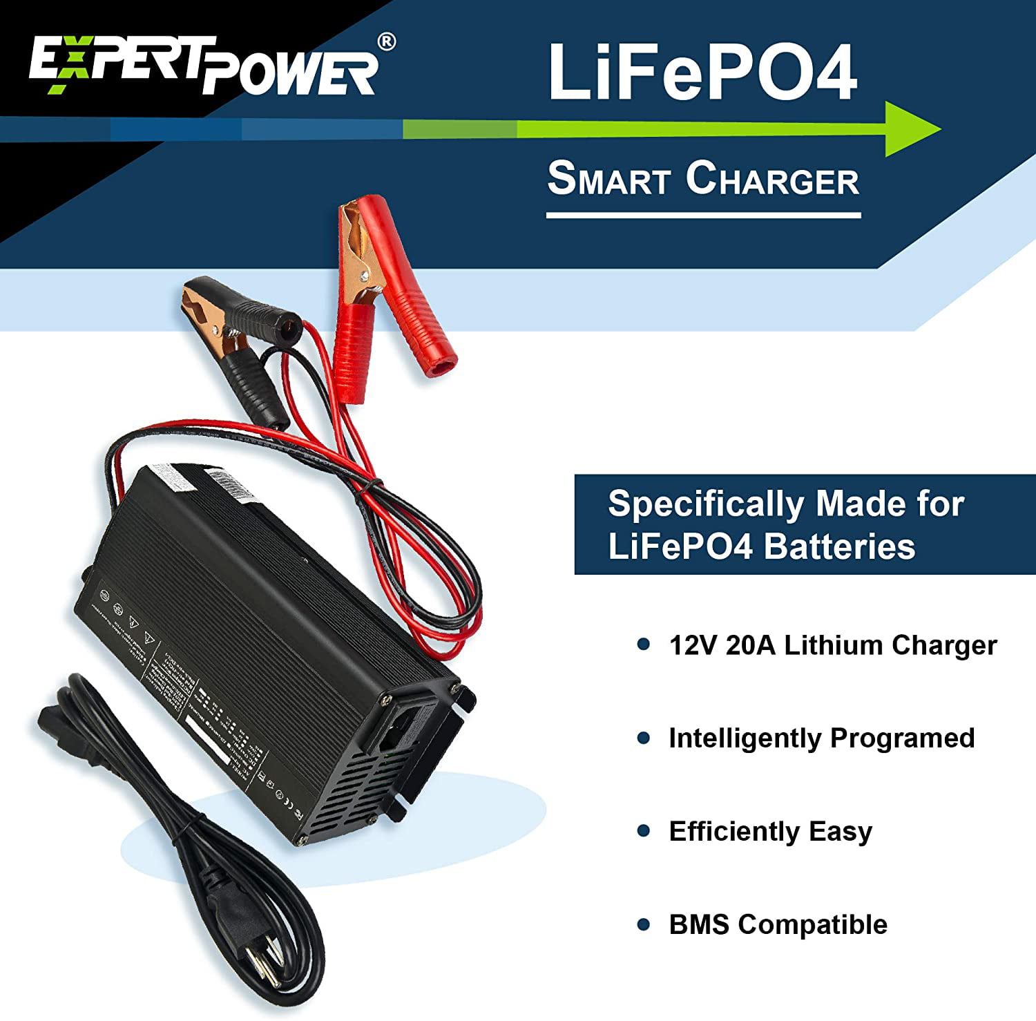 ExpertPower 12V 20A Smart Charger for Lithium LiFePO4 Deep Cycle  Rechargeable Batteries… 