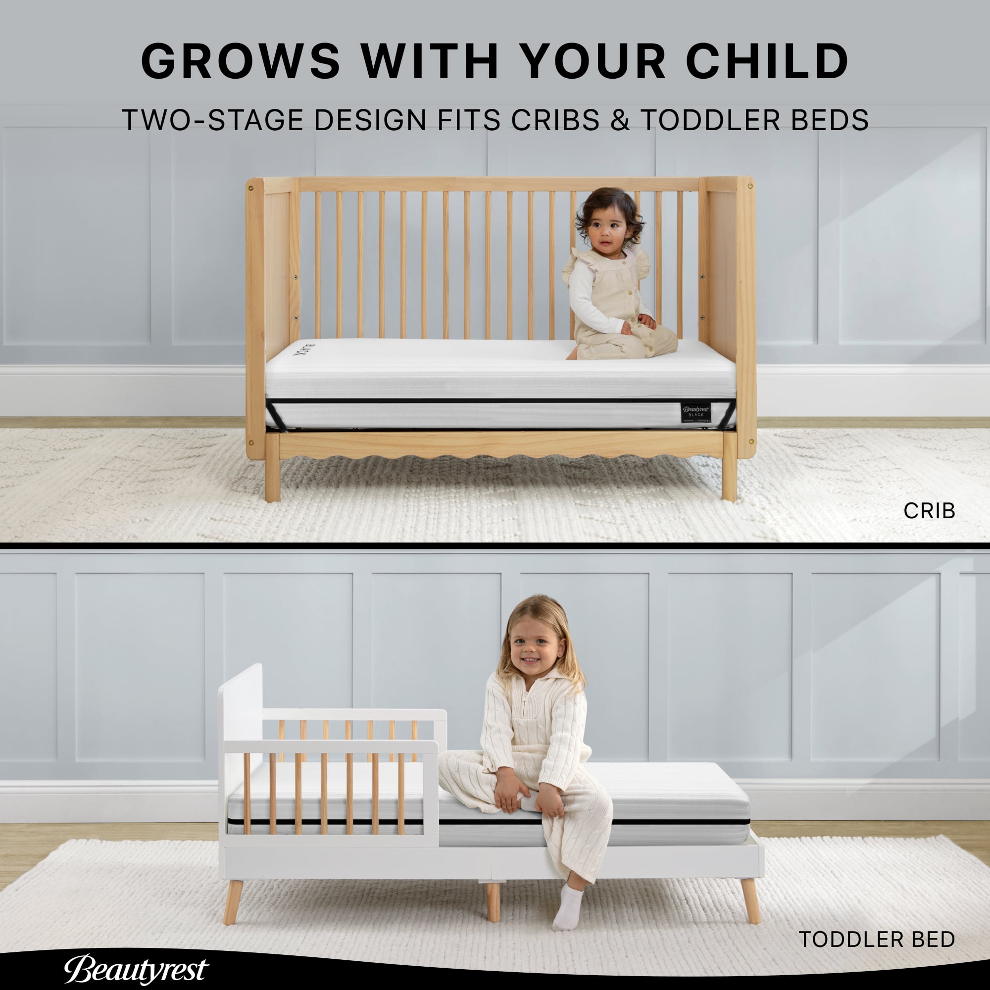 Beautyrest Black BreatheCool 2-Stage Crib and Toddler Mattress - Breathable & Machine Washable Cover - GREENGUARD Gold – Waterproof, White