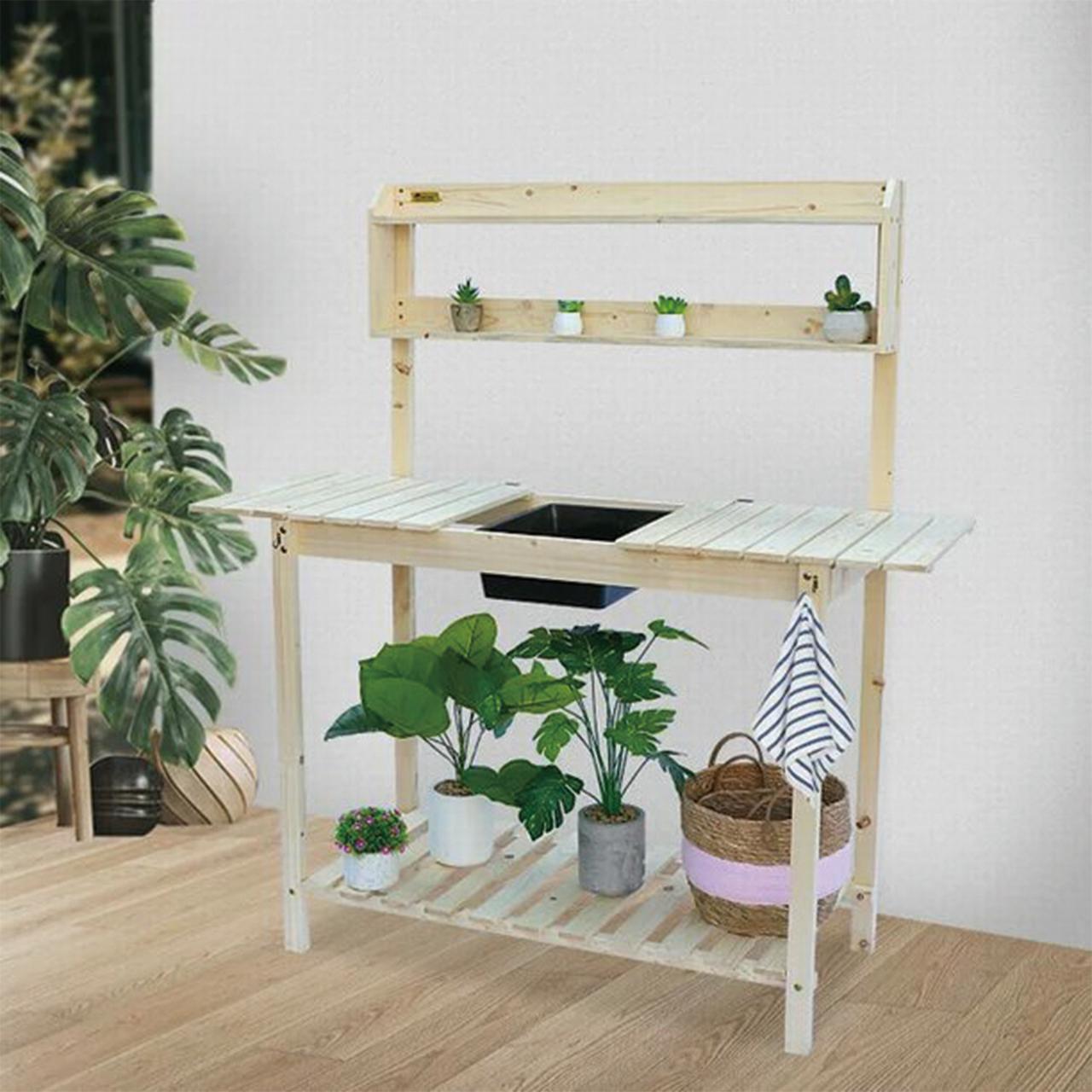 Garden Wooden Potting Bench Work Station With TwoTier Open Shelf Beige