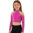 thumbnail image 4 of iiniim Girls Sequin Rhinestones Crop Top Cold Shoulder Long Sleeve Sparkle Tee Hip Hop Jazz Dance Shirt Hot Pink 8, 4 of 7