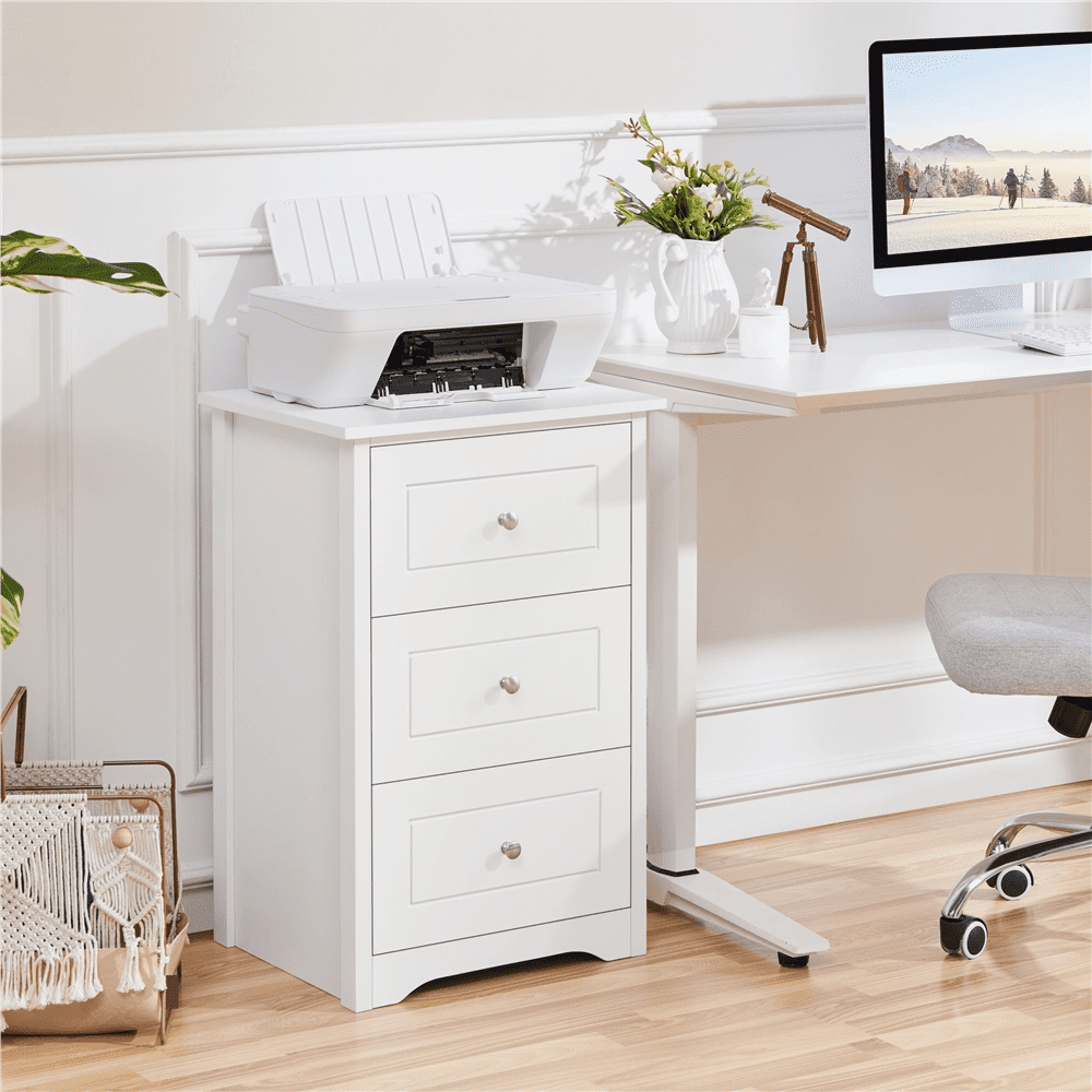 Fullfurnique Modern Wooden End Table with Three Drawers, White