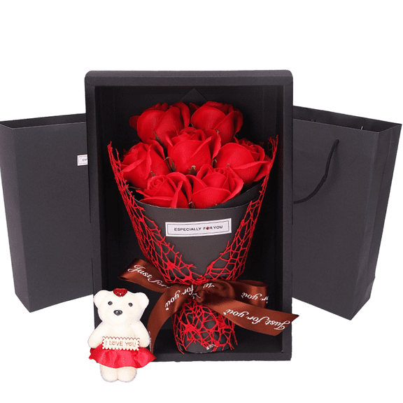 7-rose Red Rose Bouquet Gift Set with Teddy Bear for Valentine's Day
