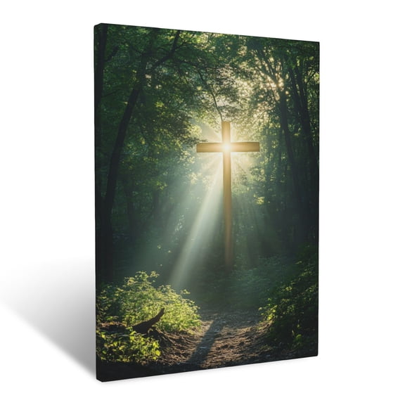 CozyNet Radiant Cross Glowing Softly In A Peaceful Forest With Sunlight Streaming Through The Trees H Wall Art Prints With Frame Canvas Perfect for Living Room & Bedroom, Wall Decor 12"x16"
