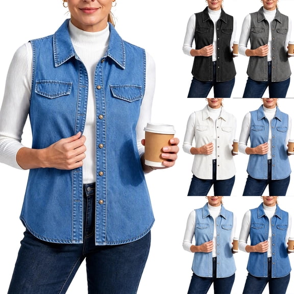 VBVC Women's Sleeveless Curved Hem Denim Vest , Button Down Jean Vest For Women, S-2XL
