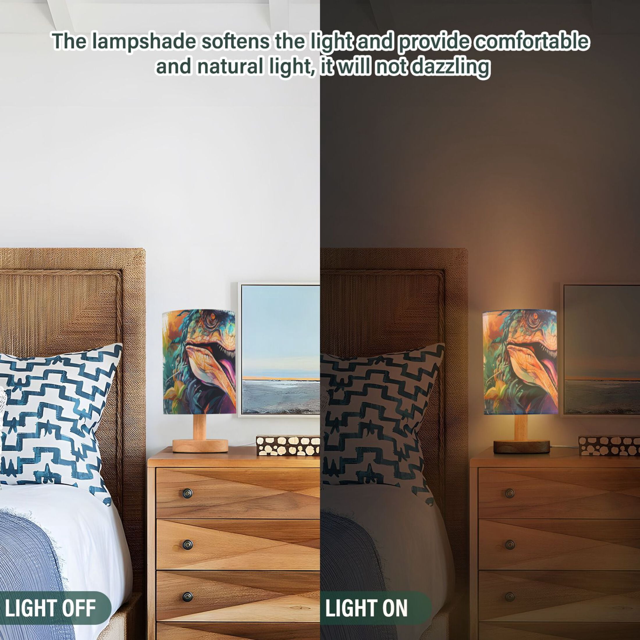 Dinosaur Colorful Table Lamp USB Bedside Desk Nightstand Lamp Printed Gifts Small Lamp Wood Base for Bedroom Living Room Kids Room College Dorm