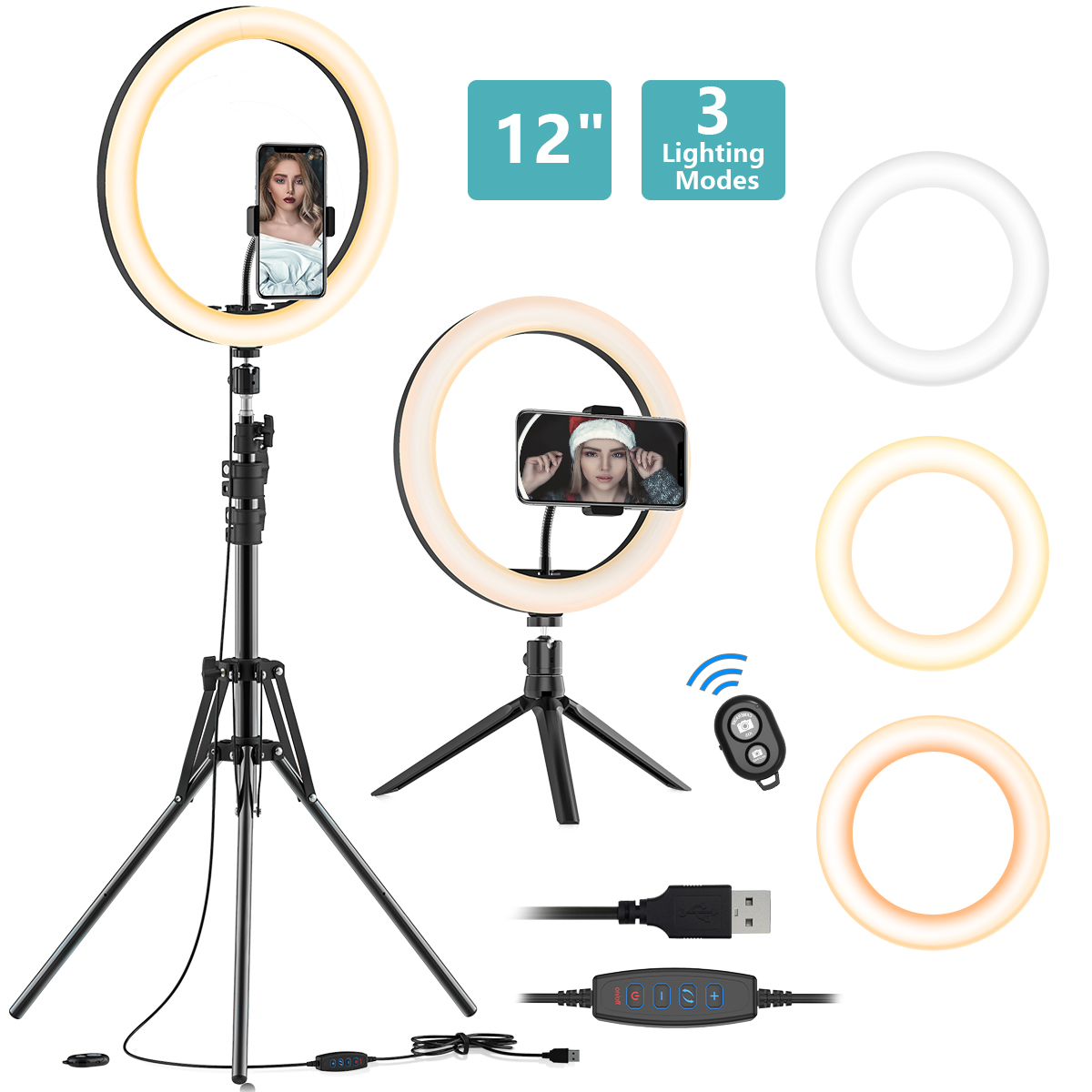 12' Ring Light with Tripod Stand,Dimmable Selfie Ring Light with 3 Light Modes,10 Brightness Levels,LED Ringlight with Phone Holder & Pan-tilt for Live Stream/Makeup/YouTube,Compatible for iOS/Android