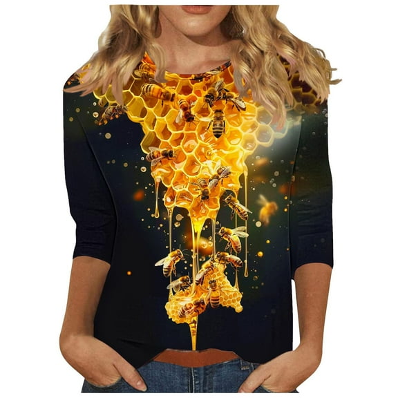CYMMPU Loose Fit Round Neck 3/4 Sleeve Blouses for Women Dressy Casual Bee Printed Spring Tops Fall Fashion Shirts Tunic Tops Lightweight Basic T-Shirts Multicolor XXL