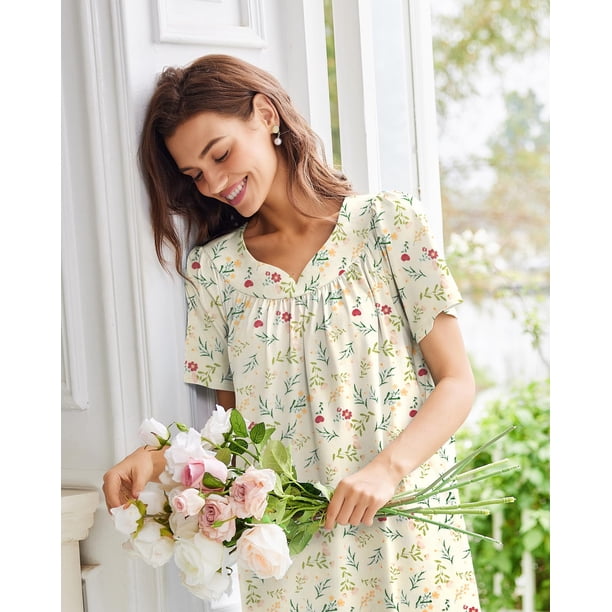 cotton house dresses with pockets Ekouaer Nightgowns for Women Cotton House Dress with Pockets Short Sleeve Mumu Dress Embroidered Lounge Dress