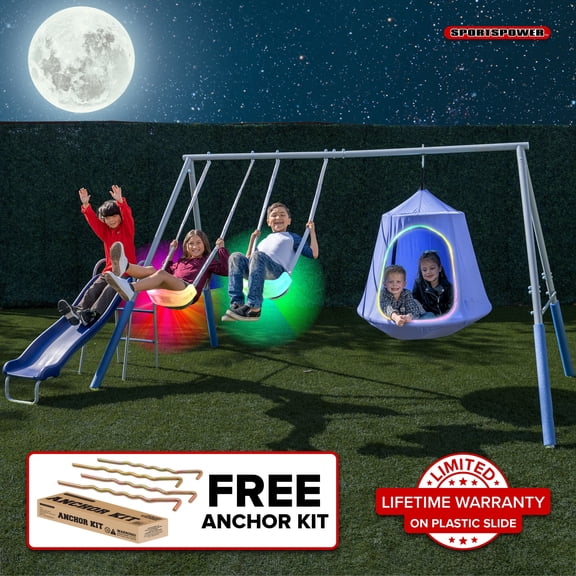 Sportspower Shooting Star Metal Swing Set with LED Swings, 5ft Slide with Lifetime Warranty, Bonus Anchor Kit, Great for Kids Aged 3-8