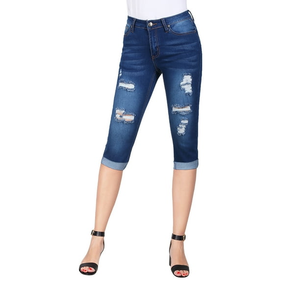 2Luver, Women's, Stretchy 5 Pocket Skinny Capri Jeans, Medium Blue Wash, 9