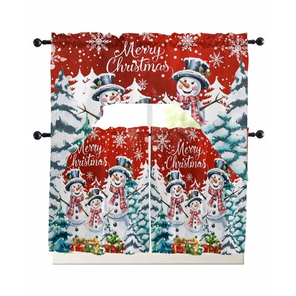 Red Christmas Swag Kitchen Curtains Sets for Windows 24 Inch Length, Winter Snowman Xmas Pine Tree Snowflakes Short Window Curtain Panels Swags Valances and Tiers 3 Piece Set for Cafe/Dining Room