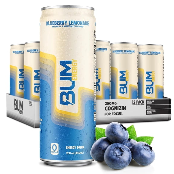 BUM Energy Drink, Sugar-Free, Blueberry Lemonade, Lightly Carbonated, 12 fl oz, 1 Can