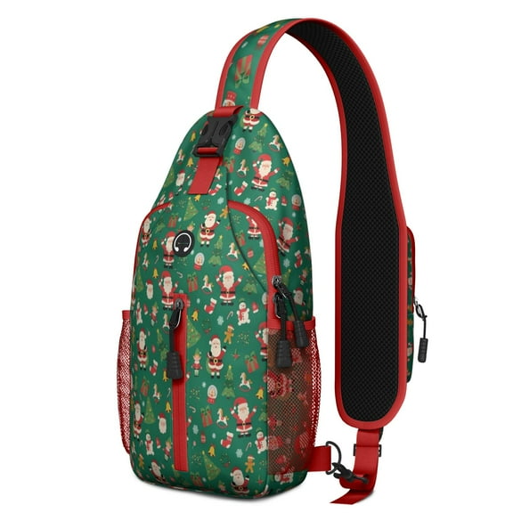 Sling Backpack,Green Christmas Santa and Icon Pattern Crossbody Bag with Water Bottle Holder,Waterproof Sling Bag for Men/Women with Chest Phone Holder for Hiking,Travel