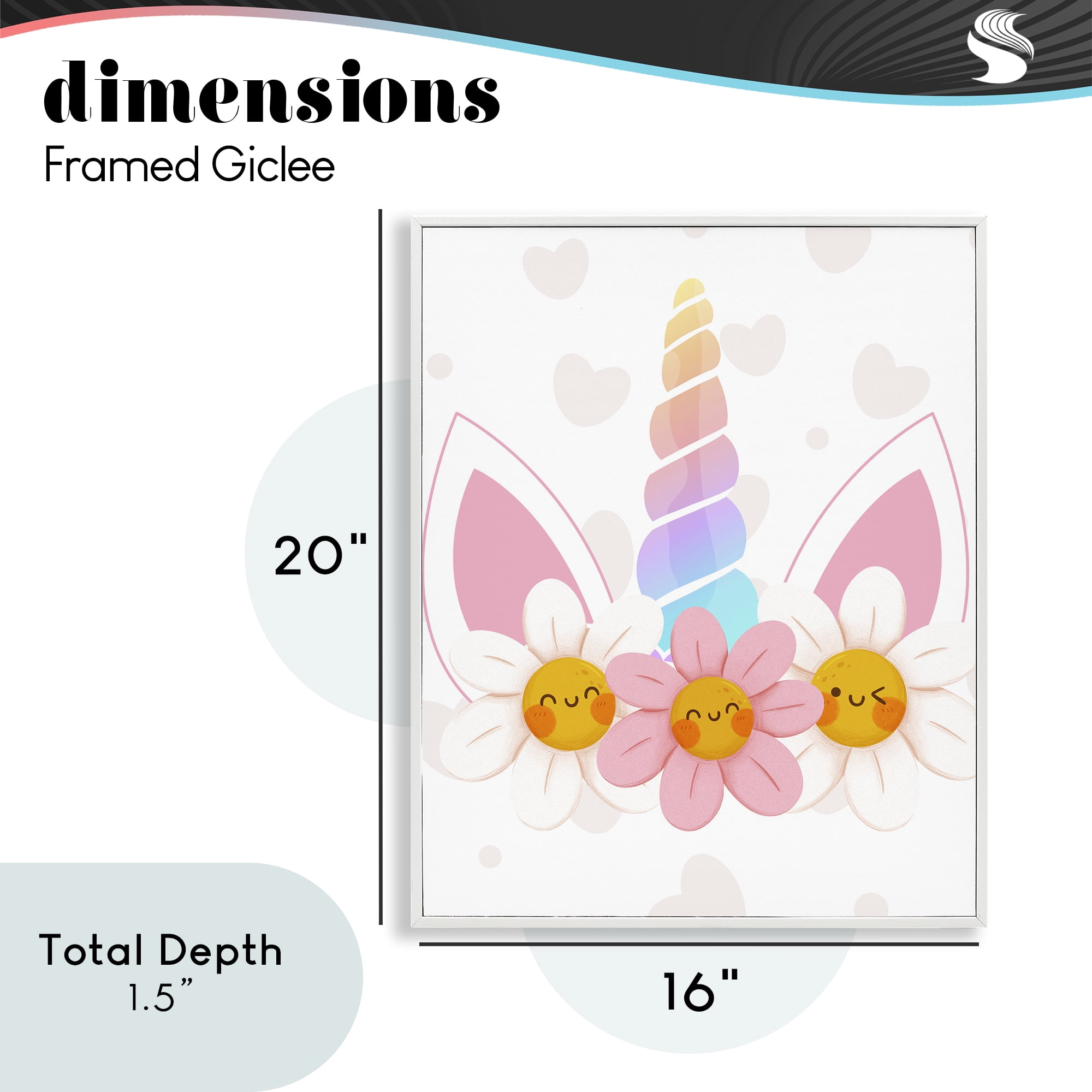 Daisy Unicorn with Hearts White Framed Giclee Art, design by Jesse Keith