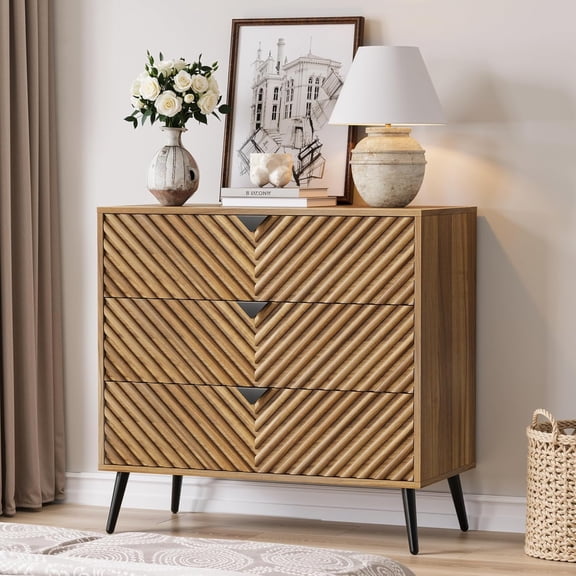 Semiocthome Modern 3 Drawer Dresser, Chest of Drawers with Diamond Doors for Bedroom, Walnut, Adult