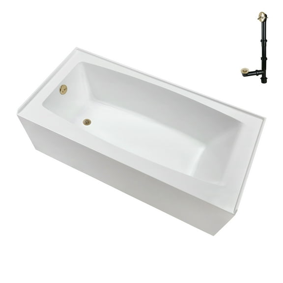 Streamline NAL-5520-PBR 66 in. x 32 in. Acrylic Left-Hand Drain Alcove Bathtub in Glossy White With External Drain in Polished Brass