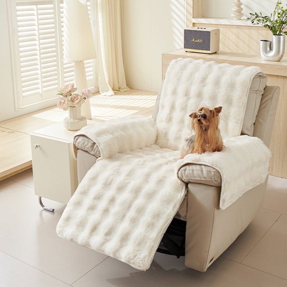 Faux Fur Recliner Chair Covers,Non Slip Reclining Couch Cover Soft Comfort Washable Sofa Recliner Cover with Elastic Straps,Furniture Protector for Kids, Pets Beige