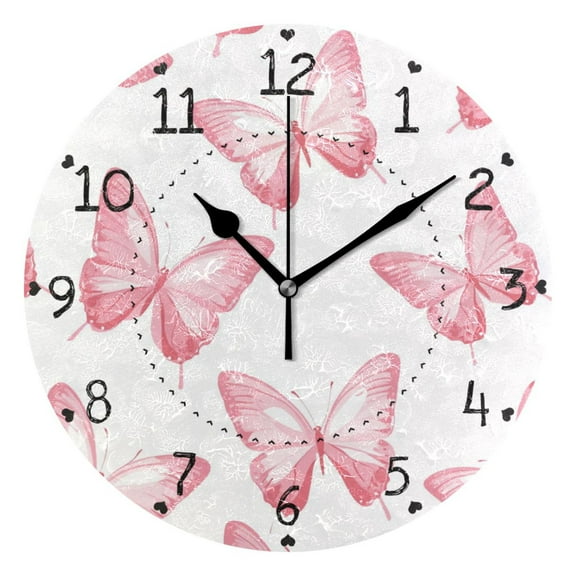 Pinkish Butterflies Round Wall Clock Silent Analog Battery Operated Black Pointer Home Decor 9.84" Diameter