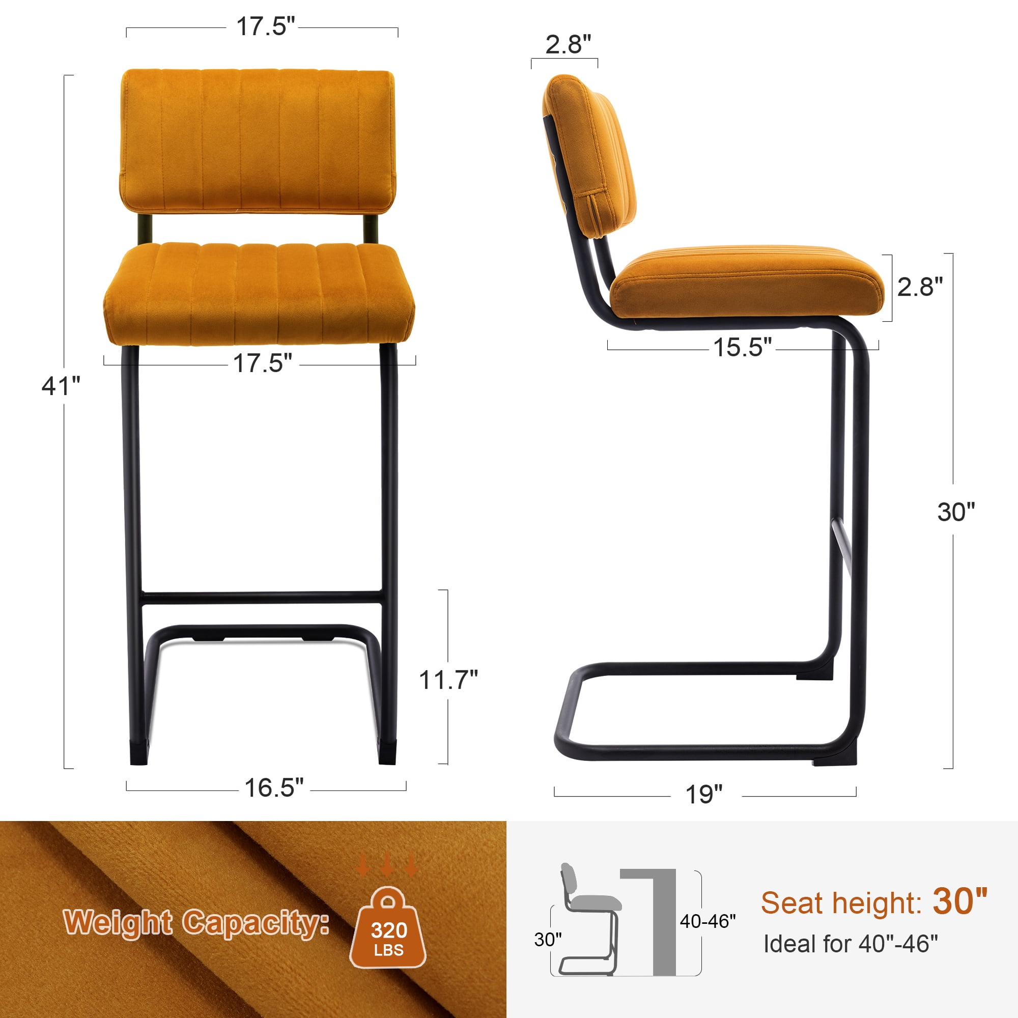 ONEVOG 30''H Bar Height Stools Set of 2, Morden Bar stools with Velvet and Black Metal Legs, Upholstered Bar Stool for Kitchen Island, Cognac