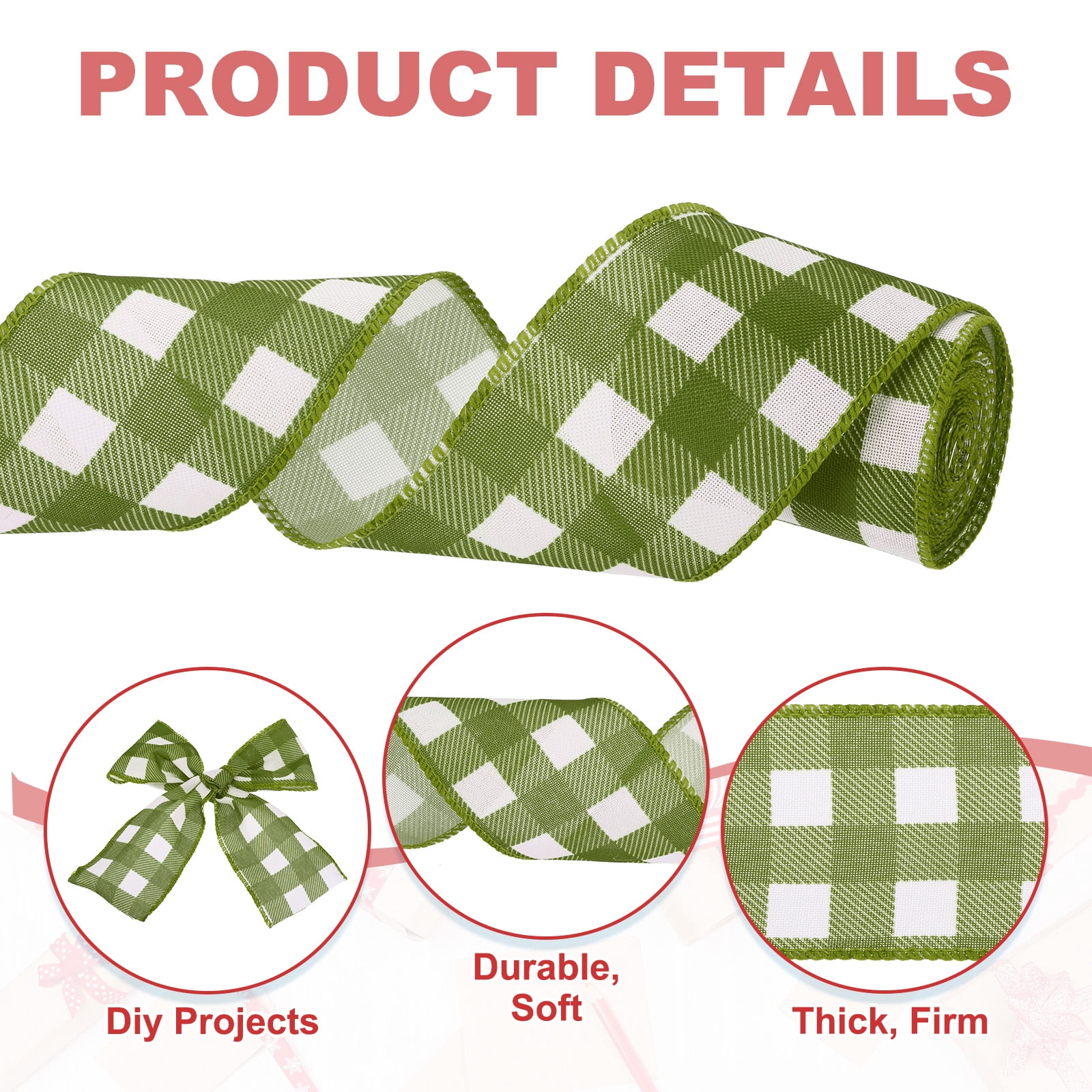 Uxcell 30 Yards x 2.5" Buffalo Plaid Ribbon, Green and White Gingham Ribbon for Thanksgiving Bow Wreath Craft