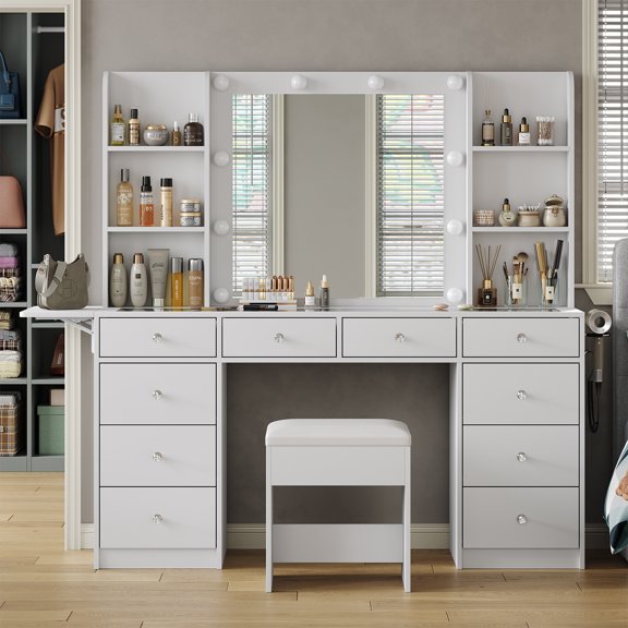 Yanosaku Lighted Vanity Table with Mirror, 10 LED Lights, Storage Drawers, Shelves, Fold-Up Panel, Chair