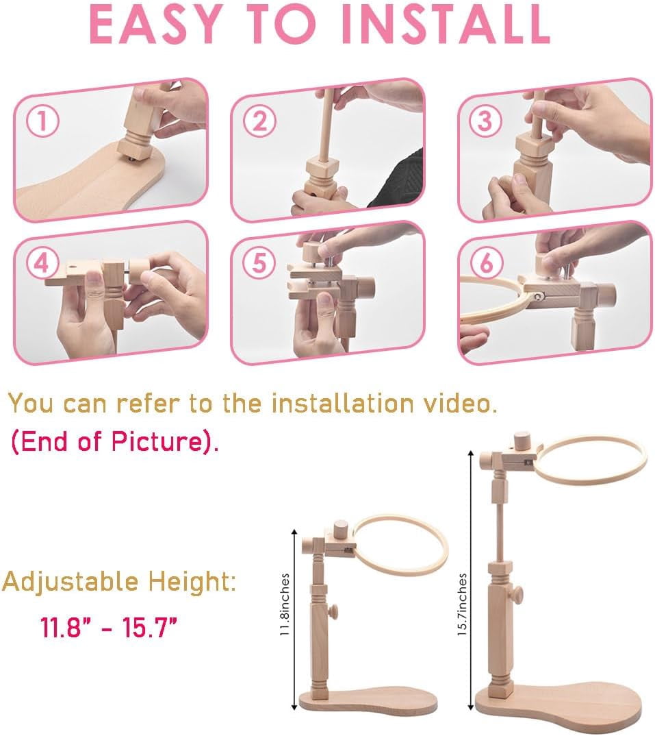 Wood Embroidery Hoop Stand, with 3pcs Embroidery Hoops (3inch + 6inch + 8inch), Adjustable Rotated Wooden Embroidery Hoop Holder for Cross Stitch and Embroidery Projects