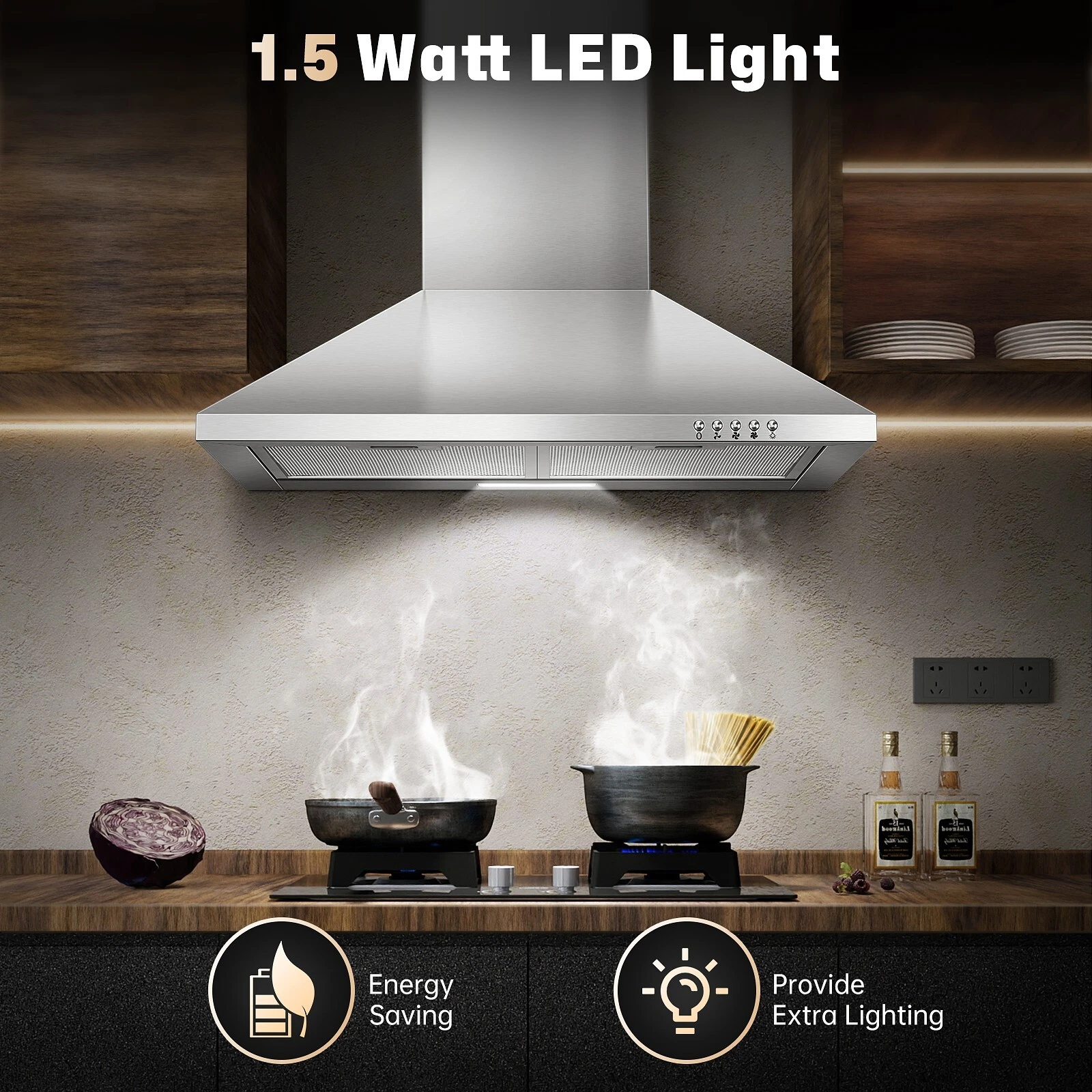 Range Hood 24 inch Range Hood Stainless Steel Oven Vent Hood,Wall Mount Kitchen Hood,Ducted/Ductless Chimney-Style Kitchen Exhaust Hood with Push Button Control,Stove Vent Hood with 3-speed Fan