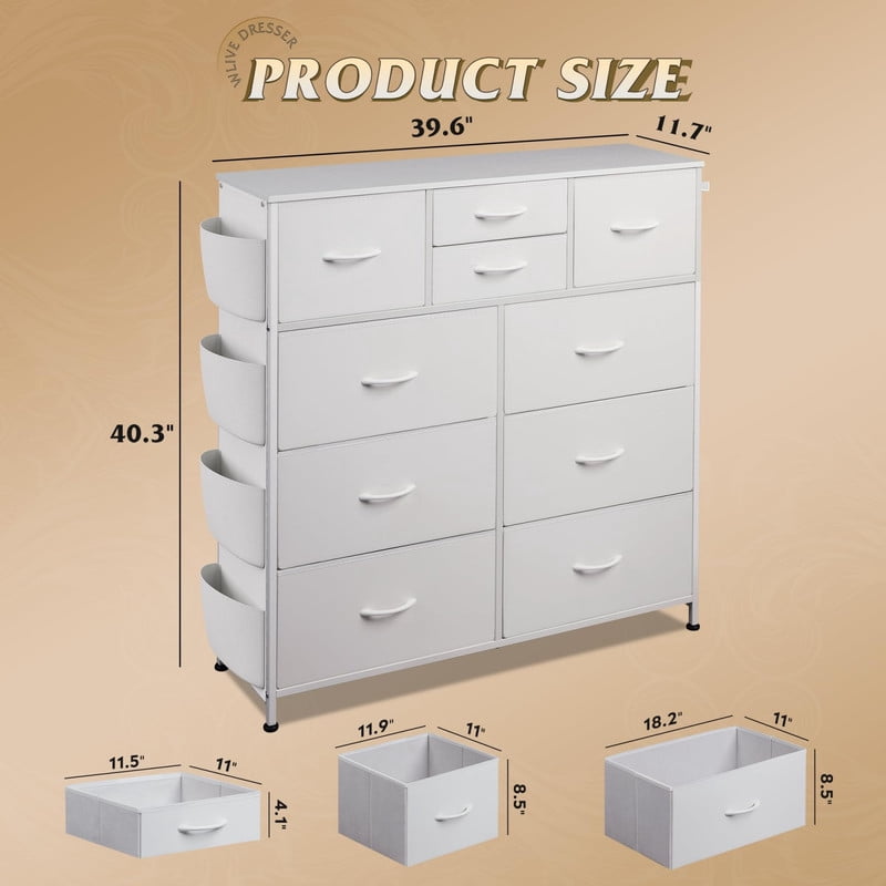 Kelno 10 Drawer Fabric Dresser Storage Organizer with Side Pockets Sturdy Metal Frame Wood Top, White